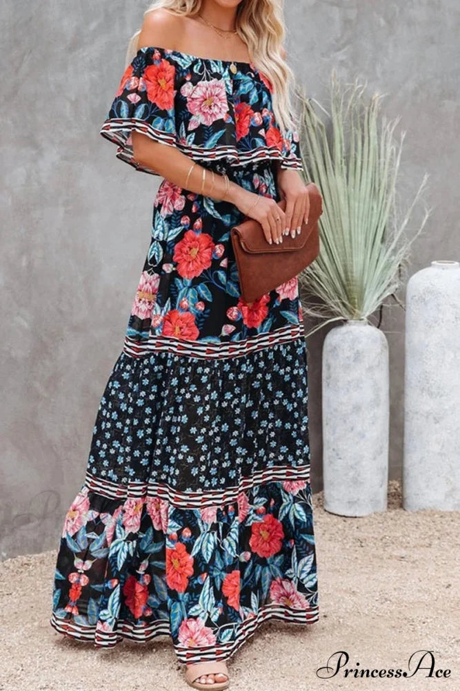 Elegant Tube Top Trendy Three-color Printed Maxi Dress
