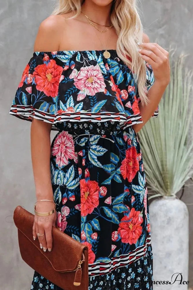 Elegant Tube Top Trendy Three-color Printed Maxi Dress