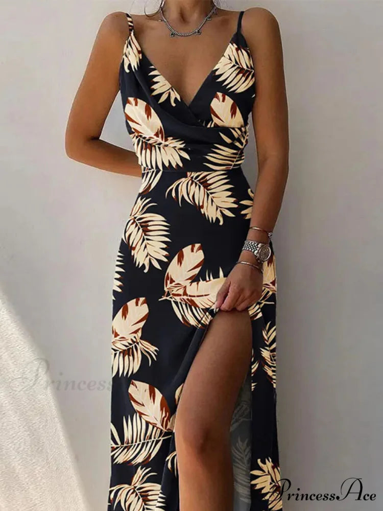 Elegant Unique Printed Spaghetti Graceful Strap Pleated Leg Slit Dress