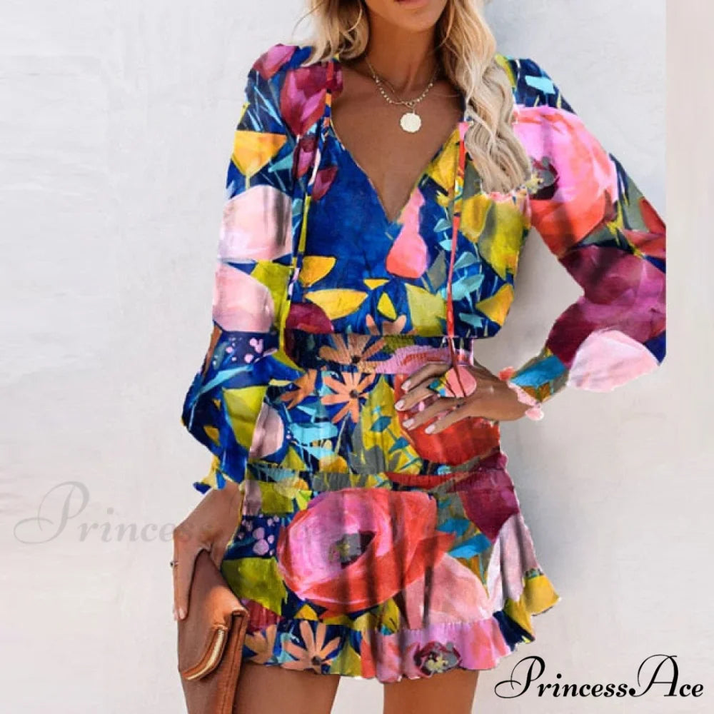 Elegant V-Neck Drawstring Ruffle Mini Dresses