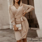 Elegant V Neck Lace Patchwork Ladies Dresses