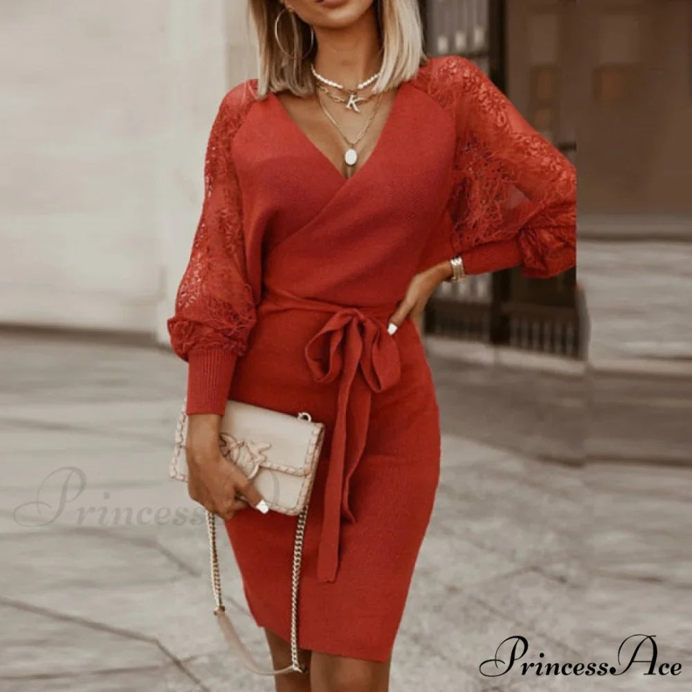 Elegant V Neck Lace Patchwork Ladies Dresses