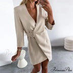 Elegant V-Neck Side Belt Office Lady Suit Dress