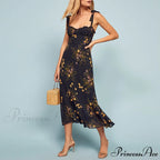 Elegant Vintage Floral Neck Sleeveless Strap Dress