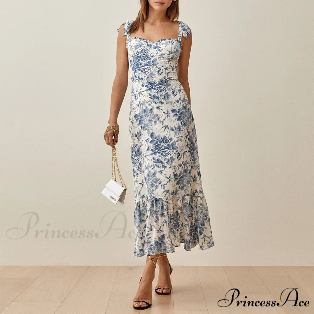 Elegant Vintage Floral Neck Sleeveless Strap Dress