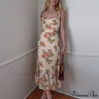 Elegant Vintage Floral Neck Sleeveless Strap Dress