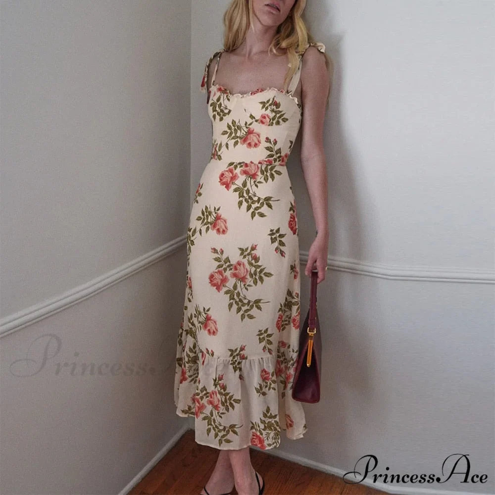 Elegant Vintage Floral Neck Sleeveless Strap Dress