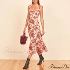 Elegant Vintage Floral Neck Sleeveless Strap Dress