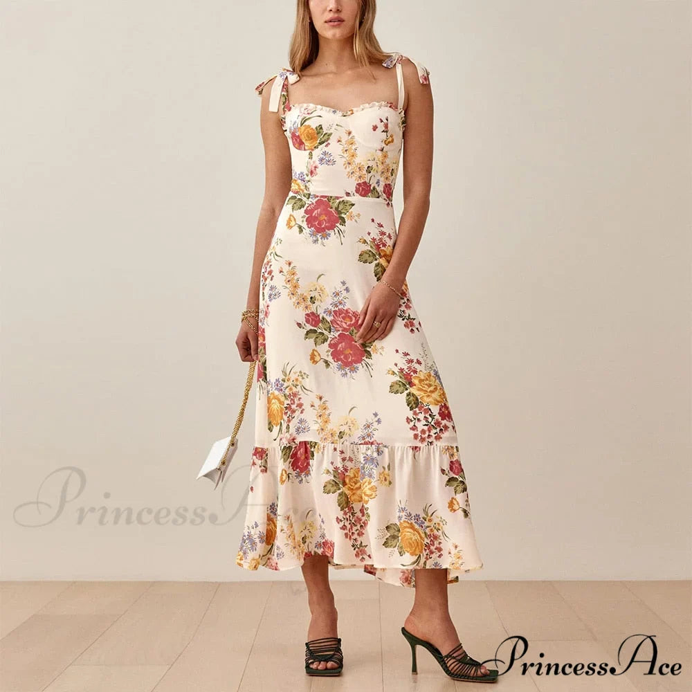 Elegant Vintage Floral Neck Sleeveless Strap Dress