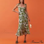 Elegant Vintage Floral Neck Sleeveless Strap Dress
