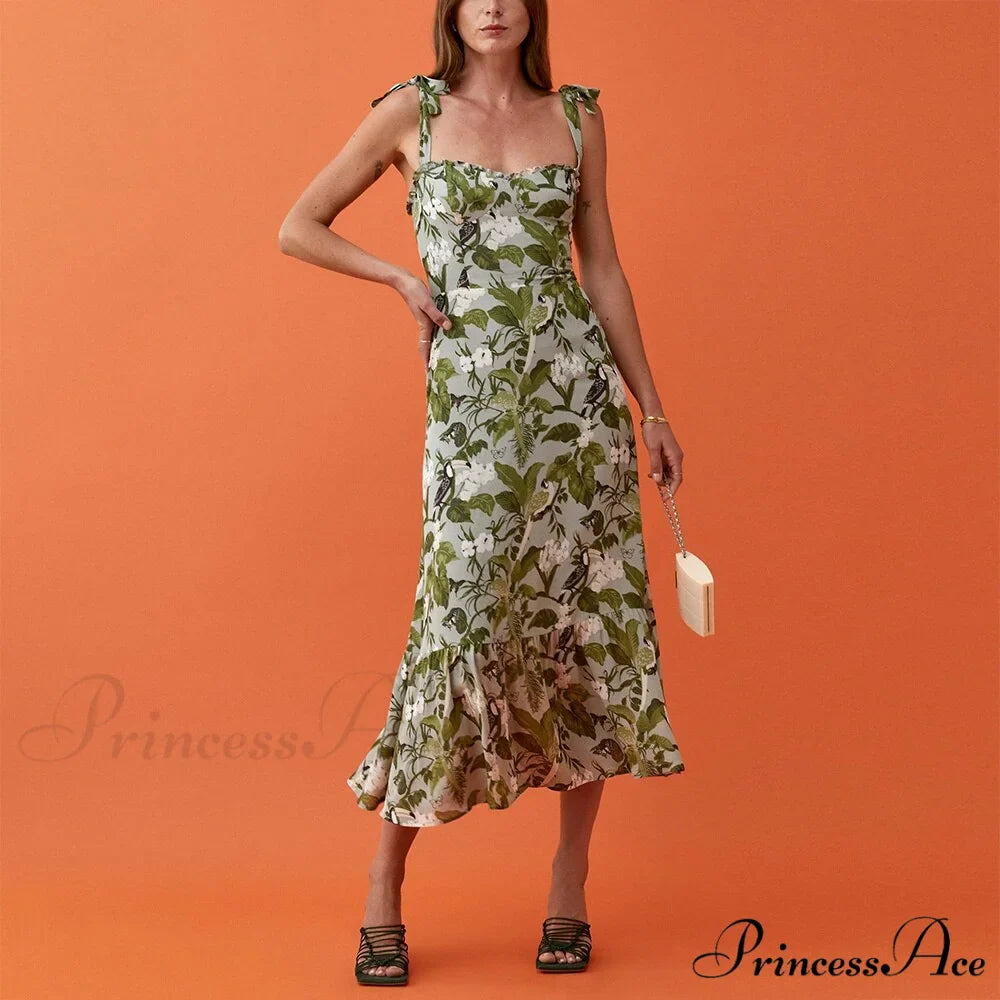 Elegant Vintage Floral Neck Sleeveless Strap Dress