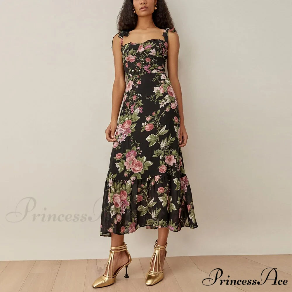 Elegant Vintage Floral Neck Sleeveless Strap Dress