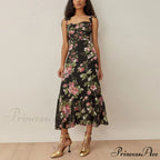 Elegant Vintage Floral Neck Sleeveless Strap Dress