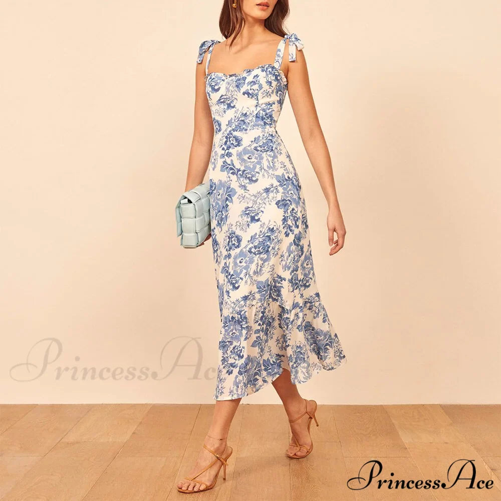 Elegant Vintage Floral Neck Sleeveless Strap Dress