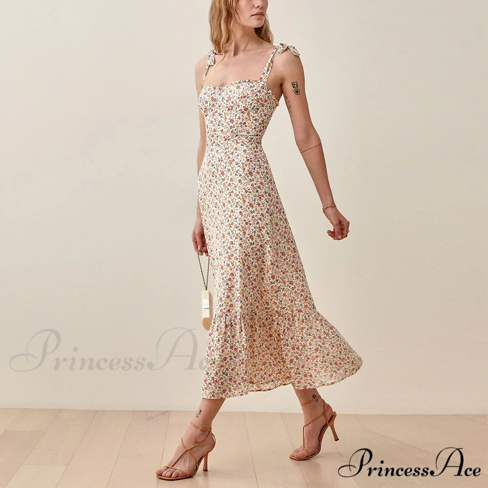 Elegant Vintage Floral Neck Sleeveless Strap Dress