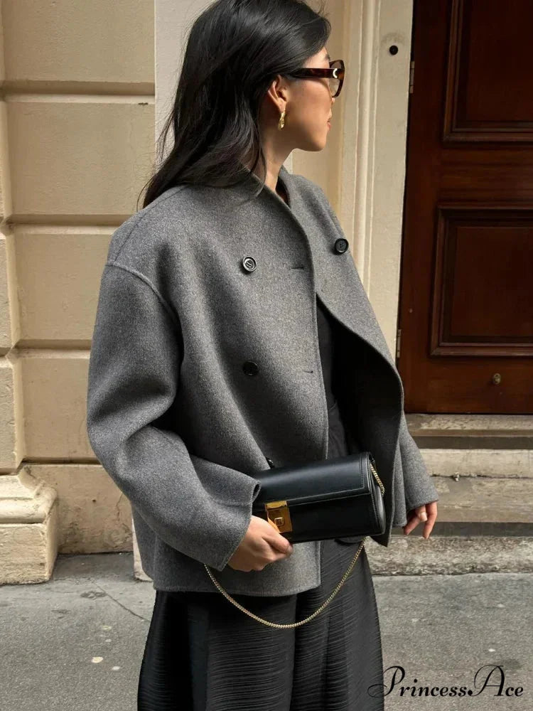 Elegant Warm Solid Woolen Cropped Stand Collar Double Breasted Long Sleeves Stylish Coat