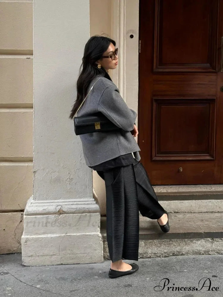 Elegant Warm Solid Woolen Cropped Stand Collar Double Breasted Long Sleeves Stylish Coat