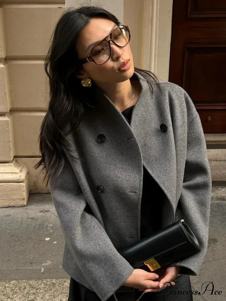 Elegant Warm Solid Woolen Cropped Stand Collar Double Breasted Long Sleeves Stylish Coat