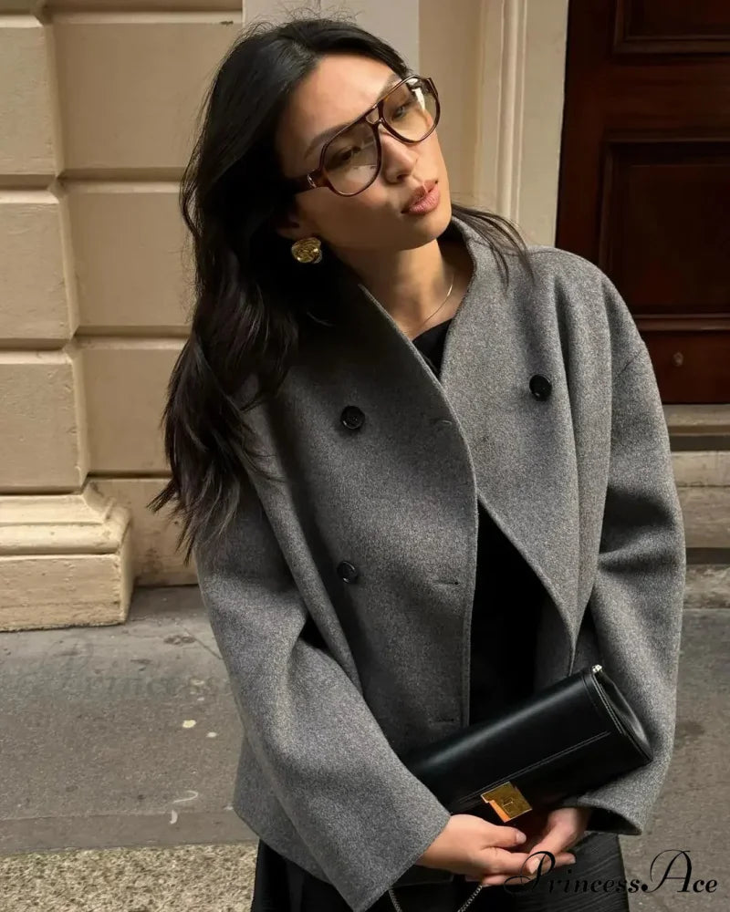 Elegant Warm Solid Woolen Cropped Stand Collar Double Breasted Long Sleeves Stylish Coat