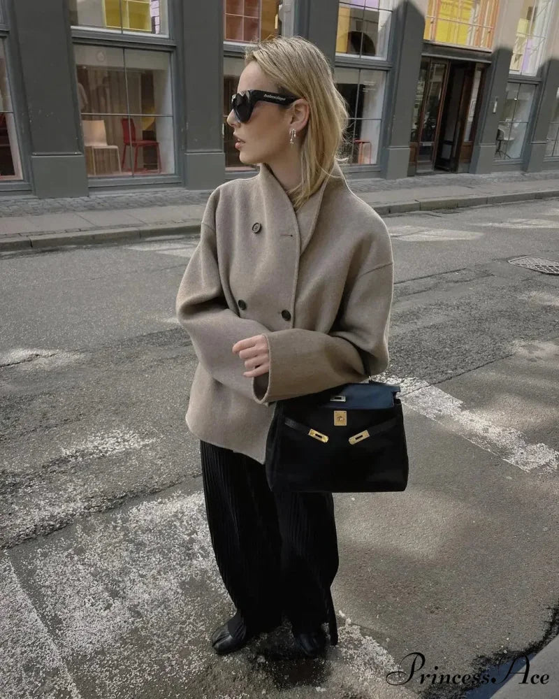 Elegant Warm Solid Woolen Cropped Stand Collar Double Breasted Long Sleeves Stylish Coat