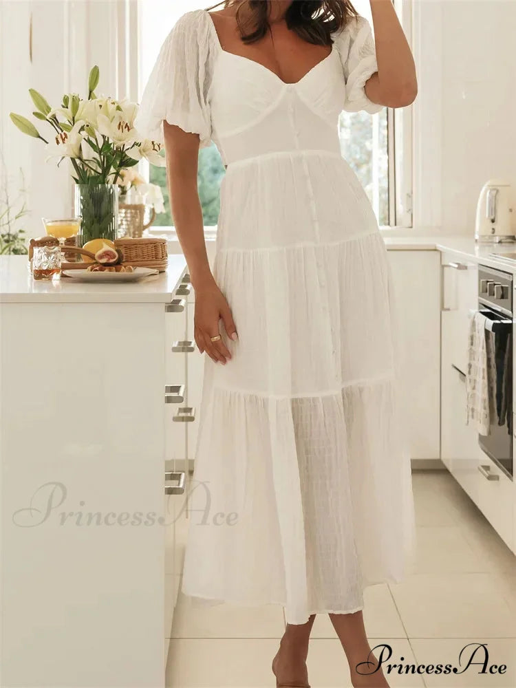 Elegant Women A-Line Short Puff Sleeve V Neck Back Tie-up Knotted Summer Party Female Vestidos