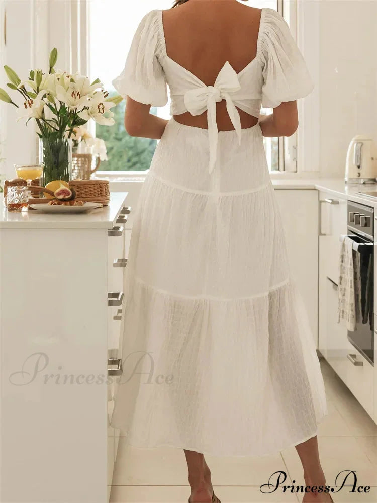 Elegant Women A-Line Short Puff Sleeve V Neck Back Tie-up Knotted Summer Party Female Vestidos