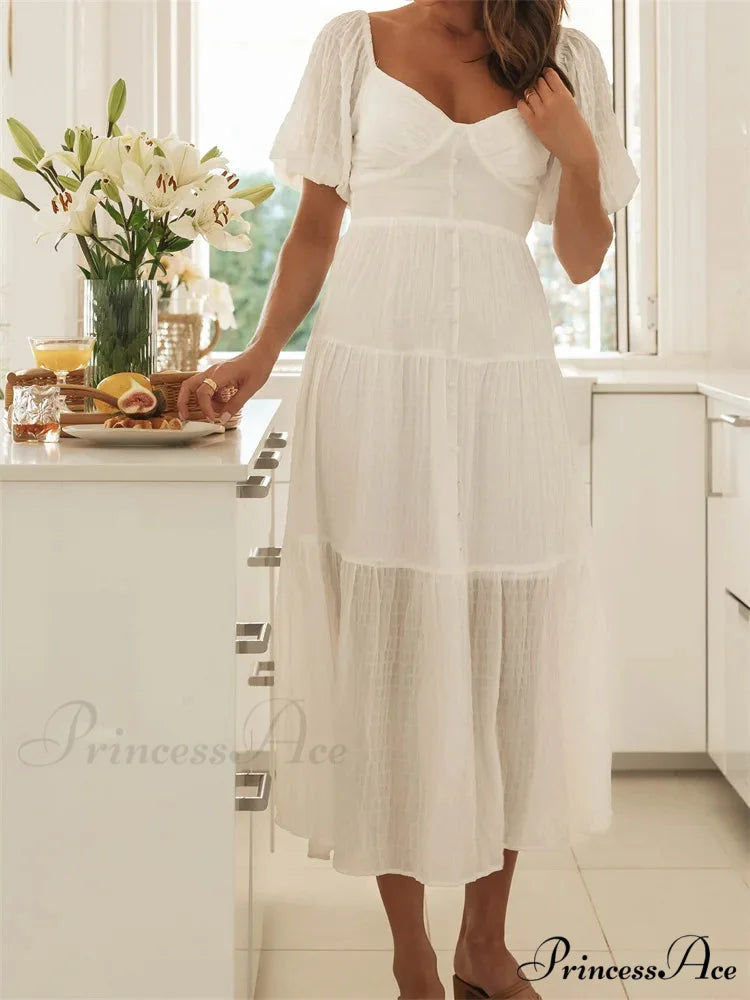 Elegant Women A-Line Short Puff Sleeve V Neck Back Tie-up Knotted Summer Party Female Vestidos