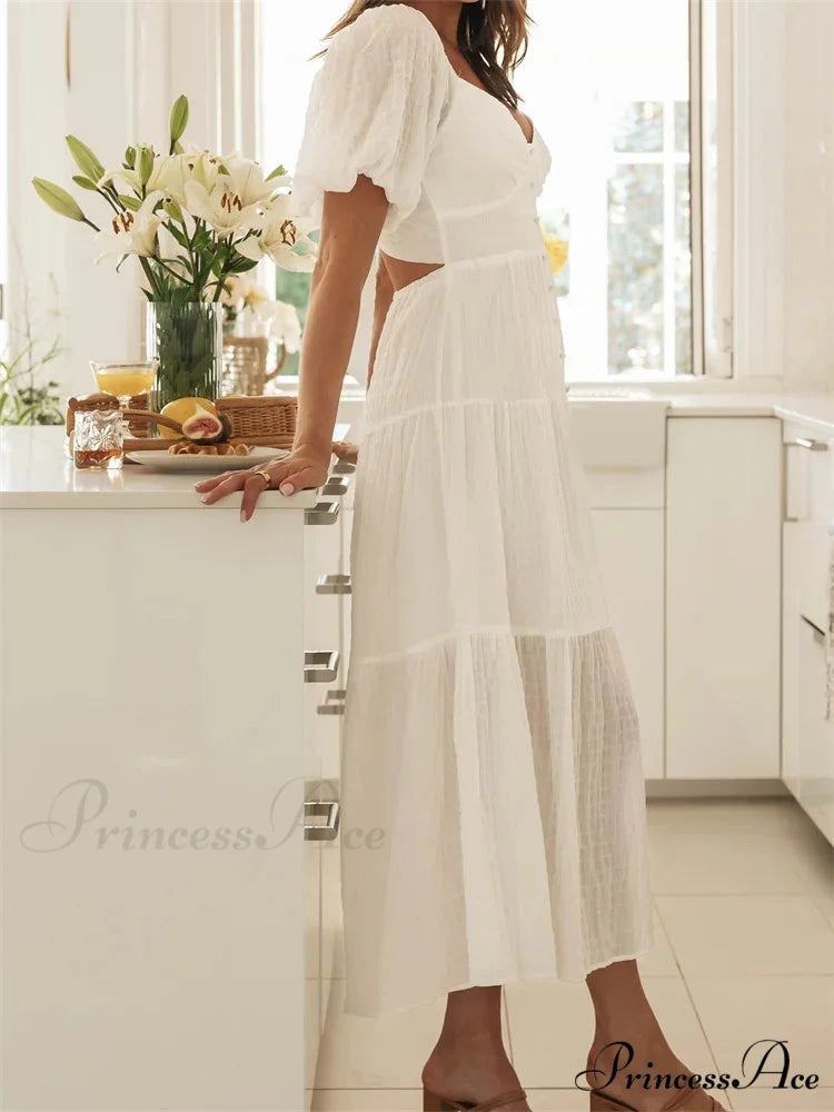 Elegant Women A-Line Short Puff Sleeve V Neck Back Tie-up Knotted Summer Party Female Vestidos