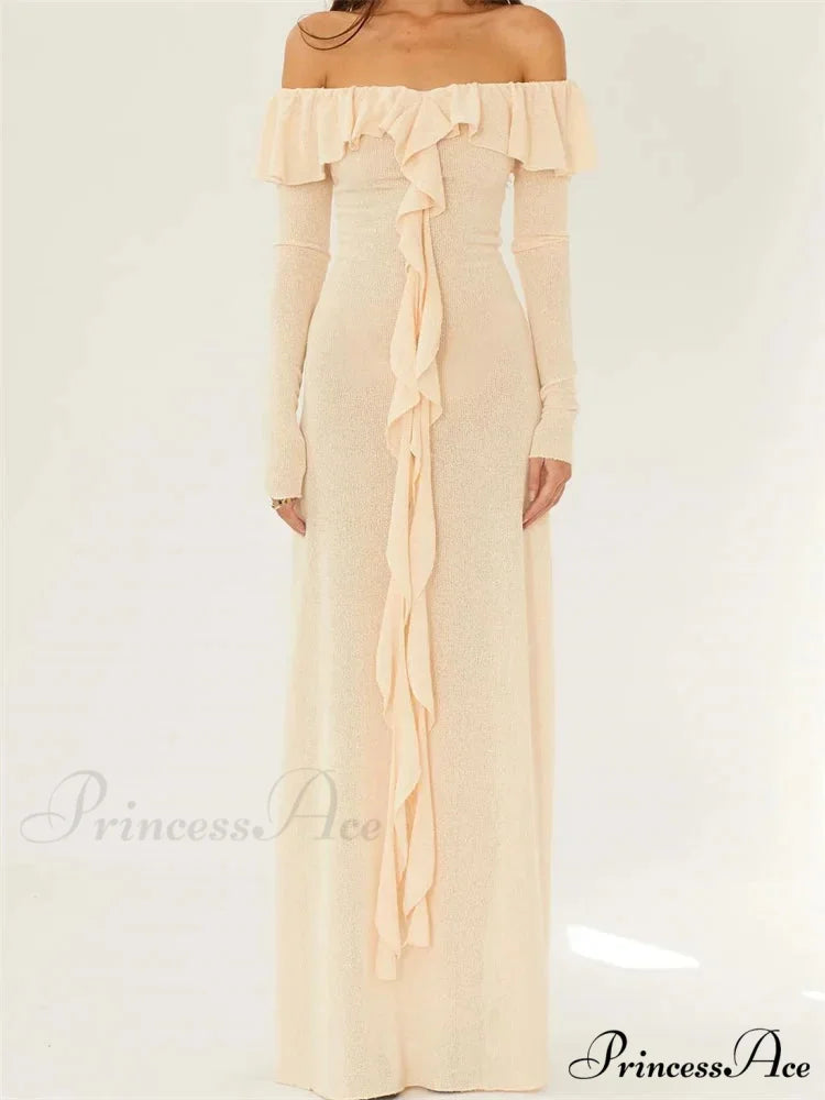 Elegant Women Knitted Evening Solid Sleeve Slash Neck Off Shoulder Ruffles Party Female Vestido