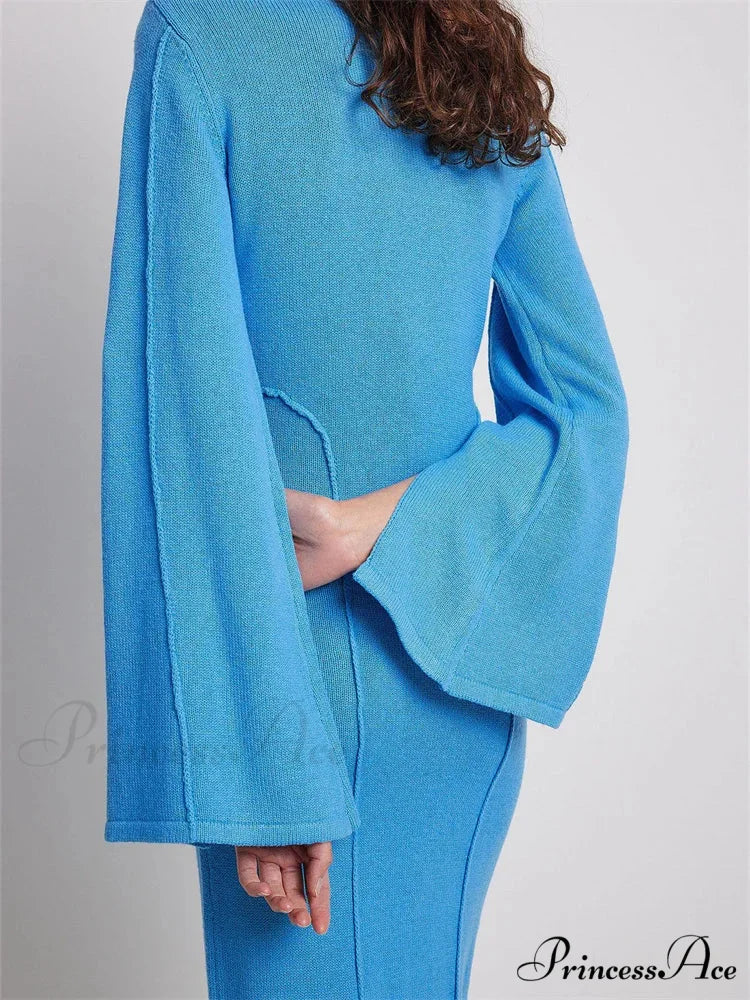 Elegant Women Knitted Patchwork Vintage Flare Sleeve Round Neck Slim Fit Solid Party Vestidos