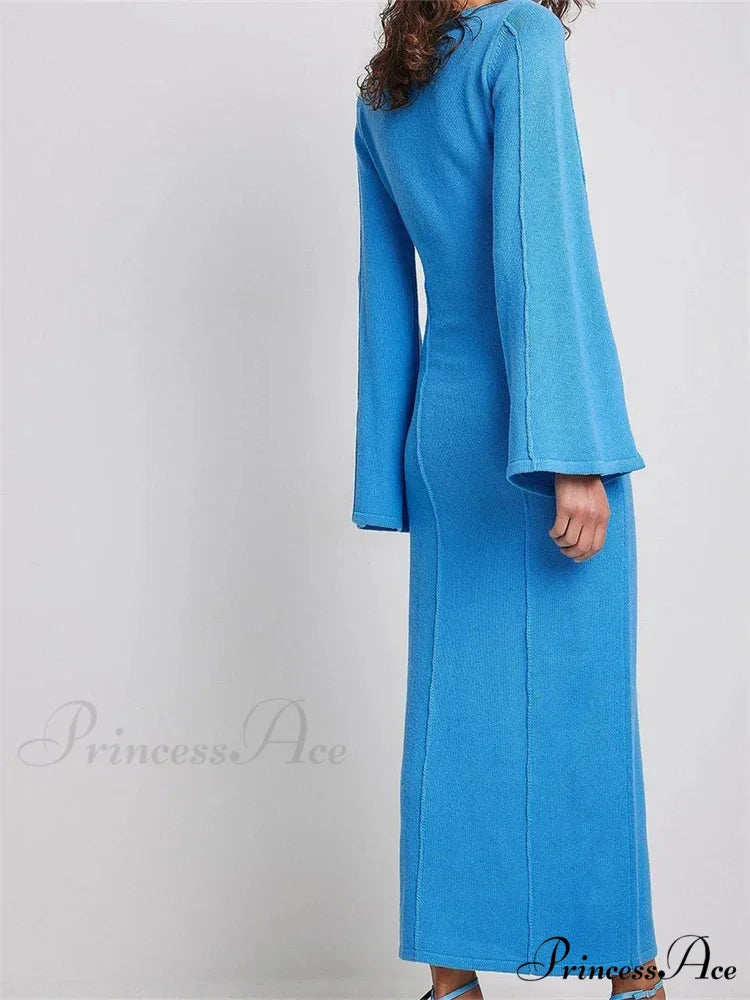 Elegant Women Knitted Patchwork Vintage Flare Sleeve Round Neck Slim Fit Solid Party Vestidos