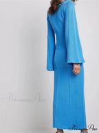 Elegant Women Knitted Patchwork Vintage Flare Sleeve Round Neck Slim Fit Solid Party Vestidos