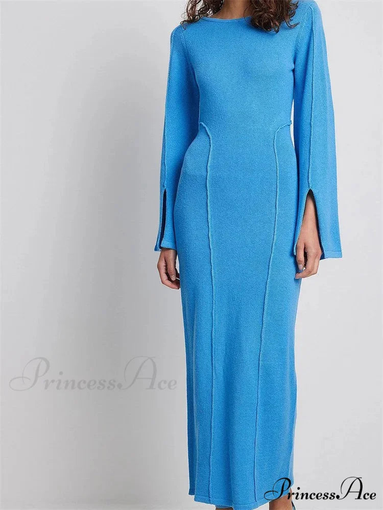Elegant Women Knitted Patchwork Vintage Flare Sleeve Round Neck Slim Fit Solid Party Vestidos