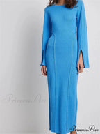 Elegant Women Knitted Patchwork Vintage Flare Sleeve Round Neck Slim Fit Solid Party Vestidos