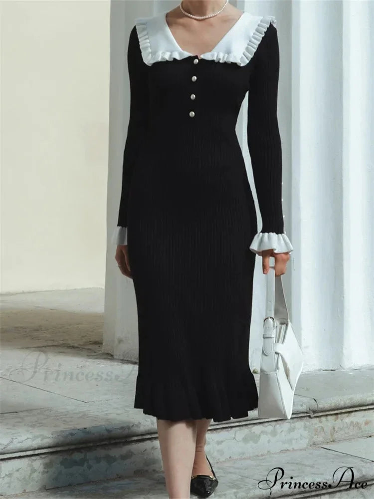 Elegant Women Knitted Sleeve Casual Solid Color Ruffles Hem Party for Beach Cocktail Club Streetwear