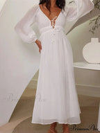 Elegant Women Mesh See Through Lantern Sleeve Deep V-neck Solid White High Waist Party Beach Vestidos