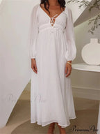 Elegant Women Mesh See Through Lantern Sleeve Deep V-neck Solid White High Waist Party Beach Vestidos