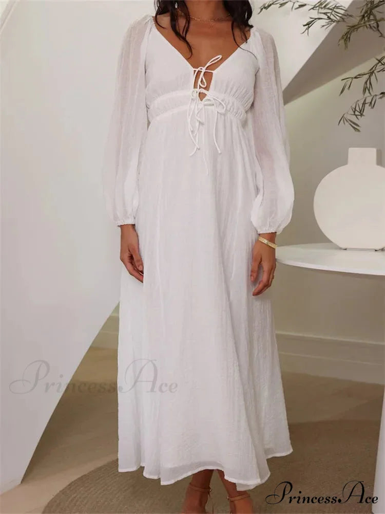 Elegant Women Mesh See Through Lantern Sleeve Deep V-neck Solid White High Waist Party Beach Vestidos