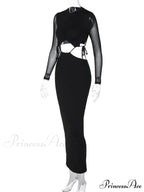 Elegant Women Mesh See Through Sleeve O-Neck Waist Hollow Out Tie-up Cocktail Spring Autumn Vestidos