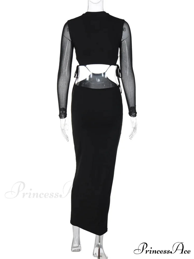 Elegant Women Mesh See Through Sleeve O-Neck Waist Hollow Out Tie-up Cocktail Spring Autumn Vestidos