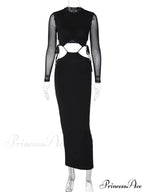 Elegant Women Mesh See Through Sleeve O-Neck Waist Hollow Out Tie-up Cocktail Spring Autumn Vestidos