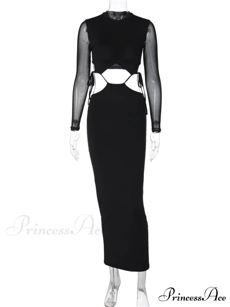 Elegant Women Mesh See Through Sleeve O-Neck Waist Hollow Out Tie-up Cocktail Spring Autumn Vestidos