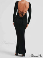 Elegant Women Party Backless Criss-cross Tie-up Bodycon Formal Club Sleeve Solid Female Vestido