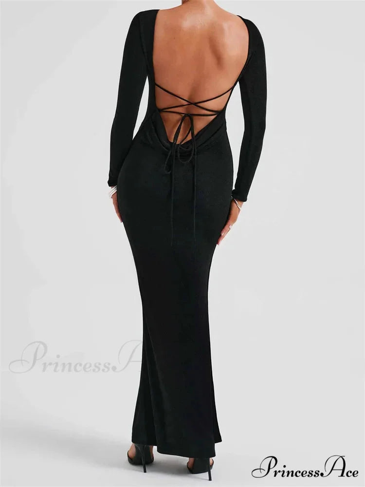 Elegant Women Party Backless Criss-cross Tie-up Bodycon Formal Club Sleeve Solid Female Vestido