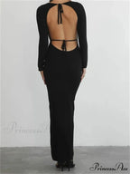 Elegant Women Round Neck Party Solid Color Sleeve Backless Tie Up Party Female Vestidos