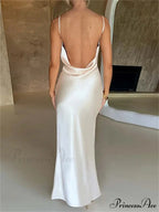 Elegant Women Satin V-neck Low Cut Spaghetti Strap Backless Ruched High Split Party Female Vestidos