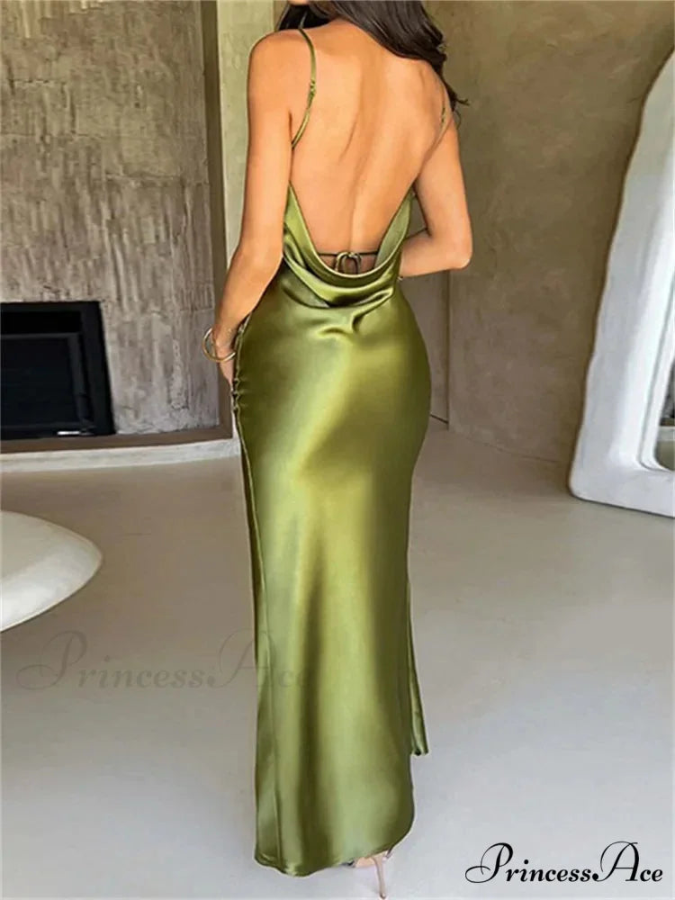 Elegant Women Satin V-neck Low Cut Spaghetti Strap Backless Ruched High Split Party Female Vestidos