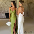 Elegant Women Satin V-neck Low Cut Spaghetti Strap Backless Ruched High Split Party Female Vestidos