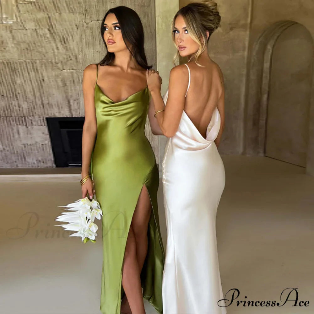 Elegant Women Satin V-neck Low Cut Spaghetti Strap Backless Ruched High Split Party Female Vestidos
