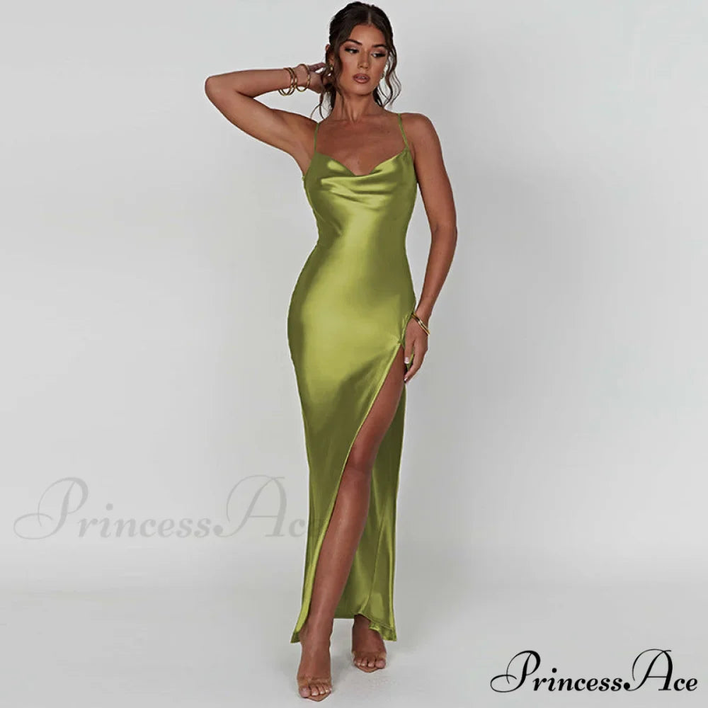 Elegant Women Satin V-neck Low Cut Spaghetti Strap Backless Ruched High Split Party Female Vestidos